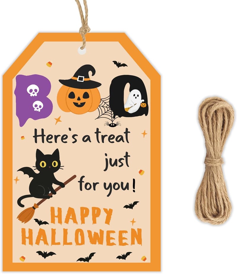 llyinglpdec 50PCS Halloween Paper Tags with String, 2.2"x3.3" Boo Pumpkin Ghost Cat Design, Treat Bag Labels for Candy Wrapping, Party Favors, and Halloween Decorations - Image 1